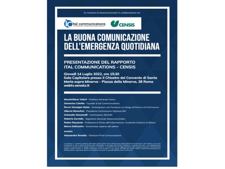 GIOVEDI’ IN SENATO IL RAPPORTO CENSIS-ITAL COMMUNICATIONS